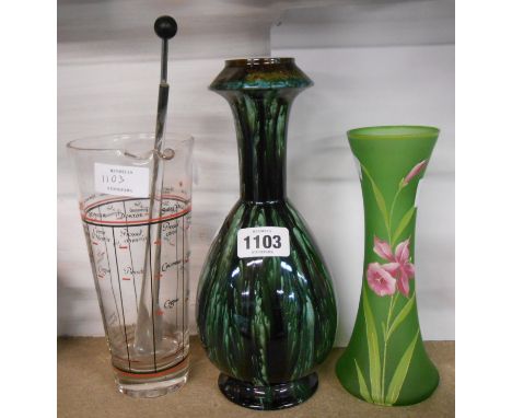 An art pottery vase decorated with streaky glaze in the Dresser Linthorpe manner - sold with a green glass vase decorated wit