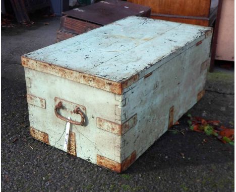 An old pine military trunk with remains of lettering for Worcester Regiment under later paintwork