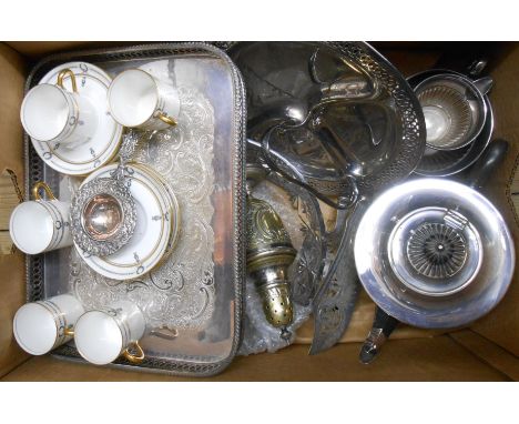 Silver plated three piece tea set, gallery tray and hors d'oeuvres dish, Aynsley coffee cans and saucers, sugar caster, etc.
