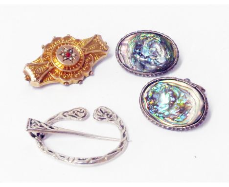 A pair of hallmarked abalone oval panel cufflinks, Scottish silver small kilt pin and a gilt metal brooch