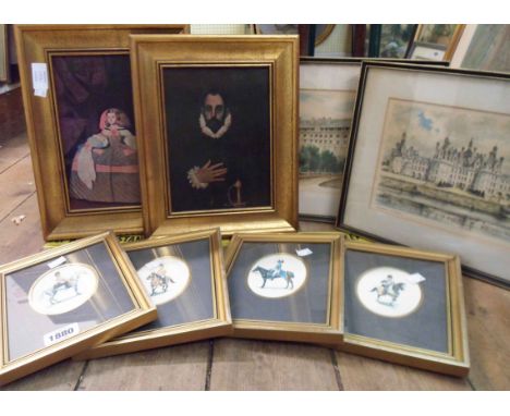 A pair of gilt framed portrait prints on canvas, two Hogarth framed coloured prints and four small military prints depicting 