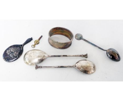 Two silver seal top spoons, a marked 90 Chinese white metal spoon, miniature hand mirror and napkin ring with initials to car