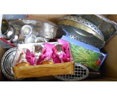 A box of silver plated items including rose bowls, candelabra, pair of reproduction Egyptian pots, etc.
