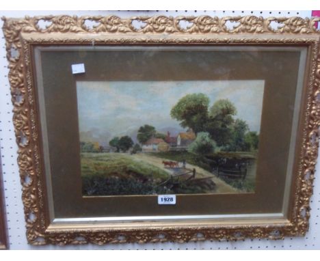 E.P.: an ornate gilt framed oil on canvas board, depicting rural scene with herdsmen and farmstead beyond - signed and dated 