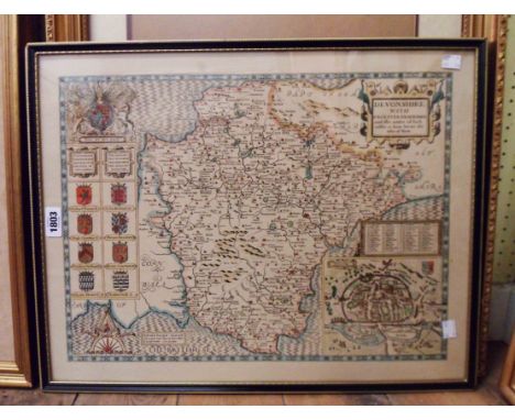 A Hogarth framed reproduction coloured map print of Devonshire - sold with a gilt picture frame