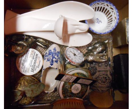 A box containing assorted ceramic and other items including commemorative ware, opera glasses, etc.