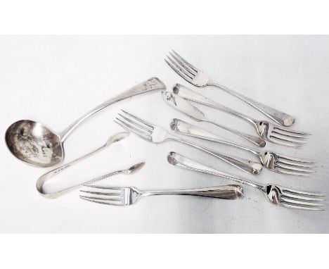 Various silver dessert forks, ladle, butter knife and sugar tongs