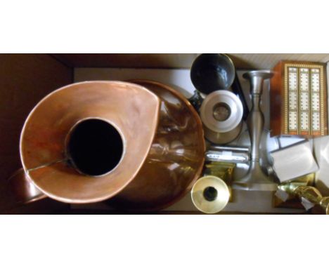 A box containing assorted metalware including measure, brass candlesticks, souvenirs of Paris, cribbage box, etc.