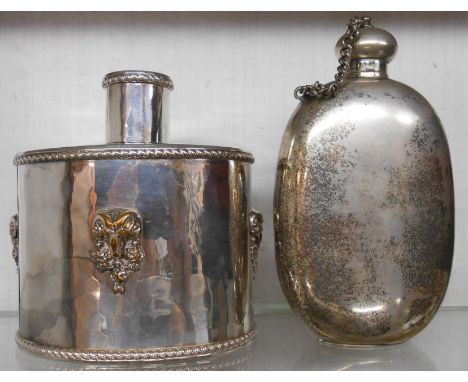 A silver plated ovoid tea caddy with ram's head swag applied decoration - sold with a silver plated hip flask with screw cap 