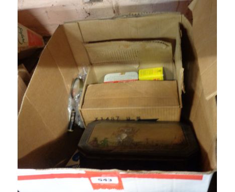 A box containing a quantity of assorted items including weights, brass shelf pins, screws, etc.