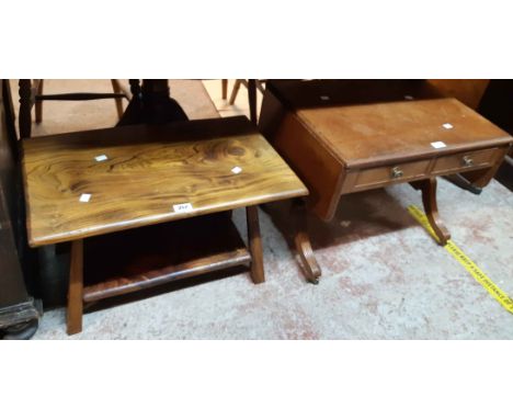 A 62cm rustic elm two tier coffee table, set on simple chamfered tapered supports - sold with a reproduction mahogany sofa st