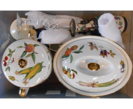 A crate containing assorted china and glass including Chinese crackle glaze vase Royal Worcester Evesham, etc.