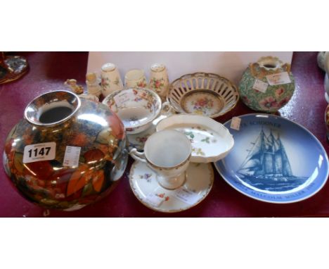 Assorted ceramic items including Bisto Aztec lustre vase, Royal Crown Derby Posies dish, Noritake cup and saucer, etc.