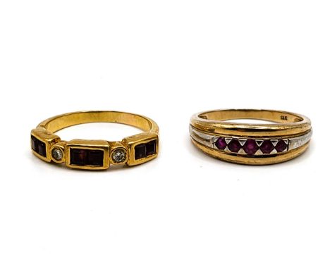 A 9ct two tone five stone ruby ring 2.3gms size N, and an unmarked yellow gold ruby and diamond ring 4.0gms size O. (2)