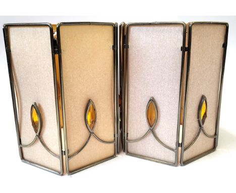 A pair of 1950's lamp shades with brass and amber coloured  glass adornments. Height 21cm.