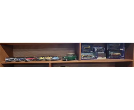 Six New-Ray diecast sports cars including Mercedes-Benz 280SL in original bow-fronted cases, Solido 1/16 scale Mini Cooper S,