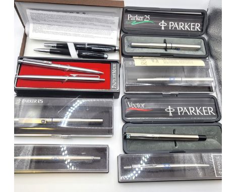A collection of six Parker pens, a Papermate pen and pencil set and a Cross ballpoint and and fountain pen set. All boxed.