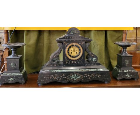 A marble and slate Victorian mantle clock 40cm x 52cm x 15cm, and a matching pair of side ornaments. 28cm. c1880. (3).