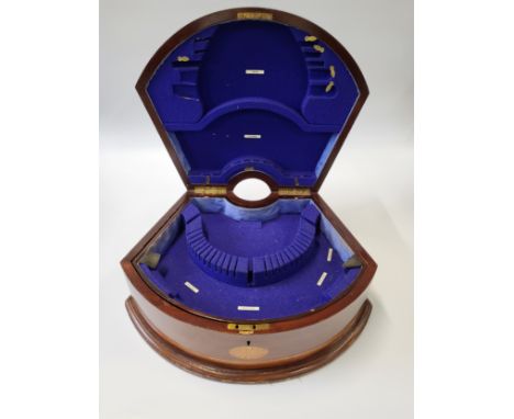 An empty Edwardian horseshoe shaped canteen box with inlay and blue velvet interior, dated 1927 (presented by Bhaskar to R A 