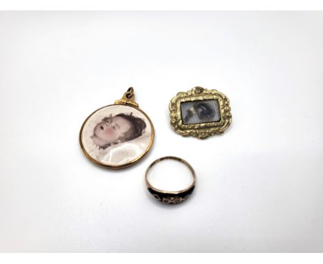 Three Memento Mori items consisting of a pendant, a Victorian brooch, and a 9ct yellow gold ring set with seed pearls (two mi