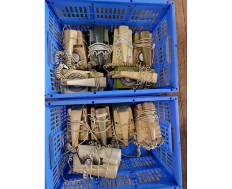 Dial trim phones and push button trim phones in ivory, two-tone green, beige, and green body with ivory receiver. x11 in tota
