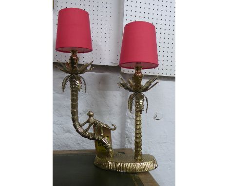 MONKEY AMONG THE PALM TREES TABLE LAMP, with shades, 53.5cm H. 