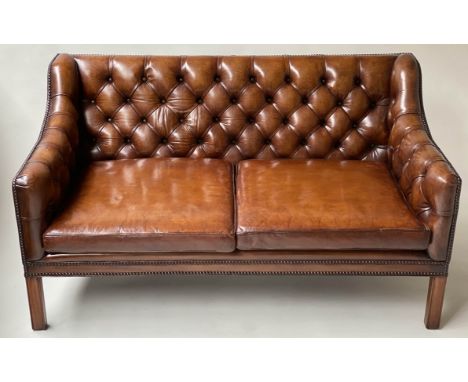 SOFA, George III design hand dyed leaf brown leather with deep button upholstered back, 140cm. 
