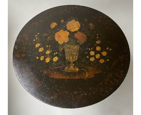 LAMP TABLE, 19th century circular ebonised with painted floral top and gilt decorated tripod support, 58cm diam x 69cm H. 