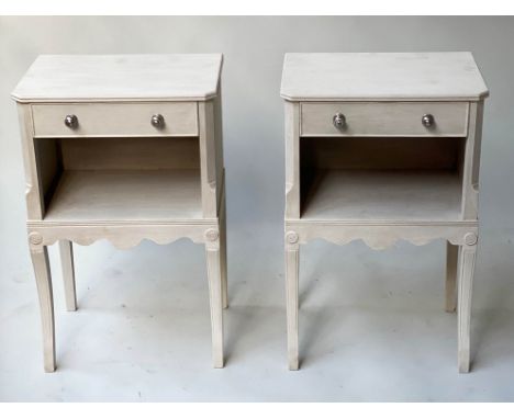 BEDSIDE/LAMP TABLES, a pair, George III design grey painted and silver metal mounted, each with drawer and compartment, 44cm 