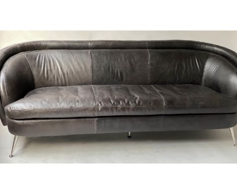 SOFA, 1960's Italian style stitched black leather, with splayed chrome supports, 220cm W. 