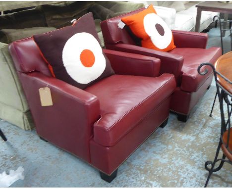 HOWARD CHAIRS LTD ARMCHAIRS, a pair, red leather, each with a Jonathan Adler cushion, 85cm W. (2) 