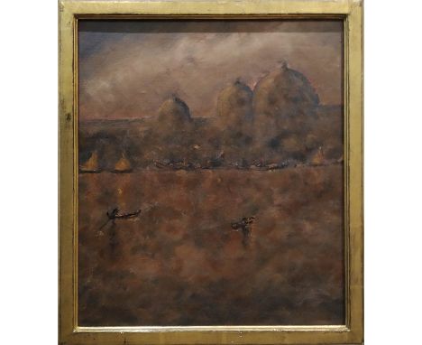 EARLY 20th CENTURY SCHOOL 'Portrait and the Suez Canal Building', oil on board, 38cm x 33cm, framed. 