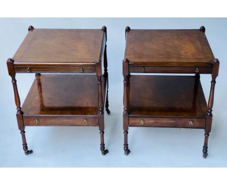 LAMP TABLES, a pair, George III design figured mahogany with two tiers brushing slide and drawer, 45cm x 45cm x 59cm. (2) 