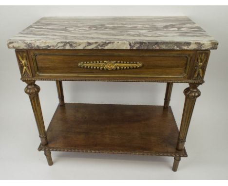 LAMP TABLE, French Empire revival walnut, having a grey and pink variegated marble top on tiered base with fluted legs and gi