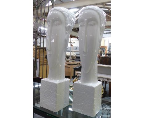 CONTEMPORARY SCHOOL BUSTS, a pair, white glazed ceramic, 61cm H. (2) 