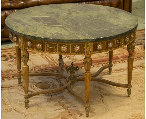 LOW TABLE, Louis XVI style beech, and brass mounted with circular green marble top above a ceramic plaque decorated frieze, 5