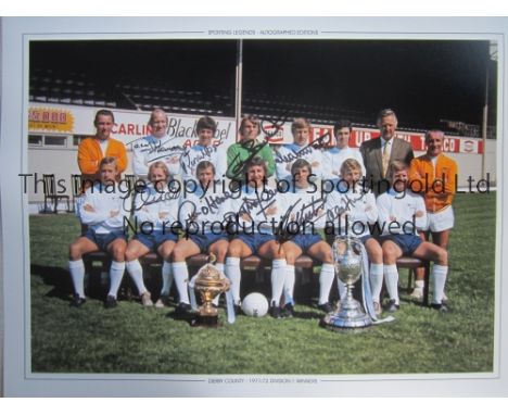 DERBY COUNTY AUTOGRAPHS      A 16 x 12 col photographic edition of the 1971/72 First Division Champions posing with their tro