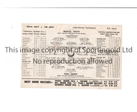 ROYAL NAVY V THE ARMY 1951 AT CHARLTON ATHLETIC     Single sheet programme for the match at The Valley 21/3/1951, slightly cr