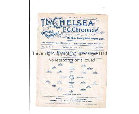 NEUTRAL AT CHELSEA 1914      Single sheet programme for the Lady Henry Cup Final, X Division v R Division 23/4/1914, ex-binde