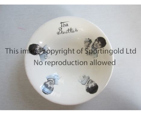 THE BEATLES     A ceramic bowl with the portraits of all 4 Beatles on the lip. There are 5 chips underneath the edges.   Fair