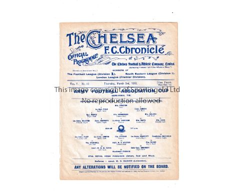 NEUTRAL AT CHELSEA 1910      Single sheet programme for the Army Football Association Cup S-F, 2nd Bat. Royal Irish Rifles v 