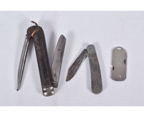 THREE ASSORTED MILITARY KNIVES, these include a 1917 dated jack knife with a wooden handle, this has got a faint makers name 