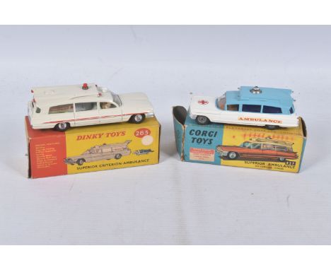 TWO BOXED DIE CAST AMBULANCE MODEL VEHICLES, the first a Corgi Toys Cadillac chassis Superior Ambulance, reference 437, sky b
