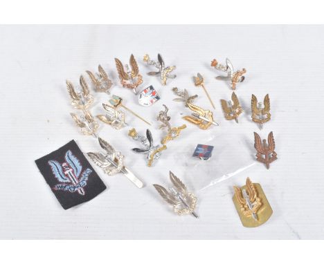 SMALL BOX CONTAINING A SMALL NUMBER OF ITEMS,METAL INSIGNIA,COLLAR DOGS, PIN BADGES, TIE PINS WITH SAS/GHURKA SIGNAL INTEREST