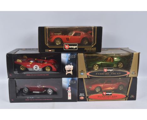FIVE BOXED 1:18 SCALE DIECAST MODEL SPORTS CARS, to include a Bburago Gold Collection Ferrari 456 GT 1992 in green model no. 