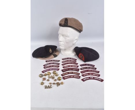 MILITARY HEADWEAR BERETS AND INSIGNIA LOT TO INCLUDE, Black beret with  Royal Marines badge, ABEL marked 1950 Black Beret, wi