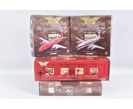 FOUR BOXED CORGI AVIATION ARCHIVE DIECAST MODELS, to include two Classic Propliners 1:144 scale 1st Issue, a Vickers Viscount