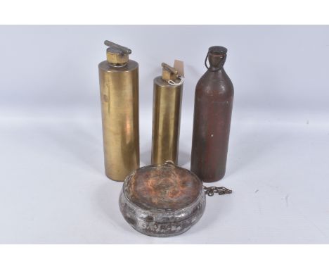 FOUR MILITARY STYLE CANTEENS OR WATER BOTTLES, the first is round with a screw top and a chain for carrying it, the second is
