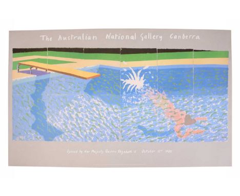 A large David Hockney illustrated poster for 'The Australian National Gallery Canberra 1982', colour, woven paper, printed at