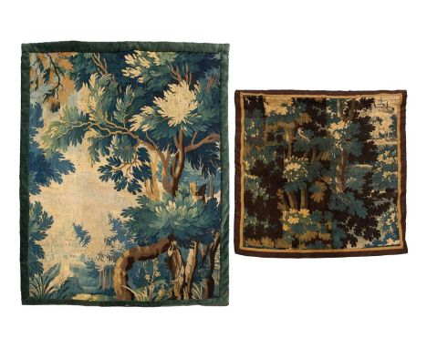 A 17th-century Flemish verdure tapestry fragment, a woodland setting, later linen backed, 141 cm x 1114 cm, together with ano